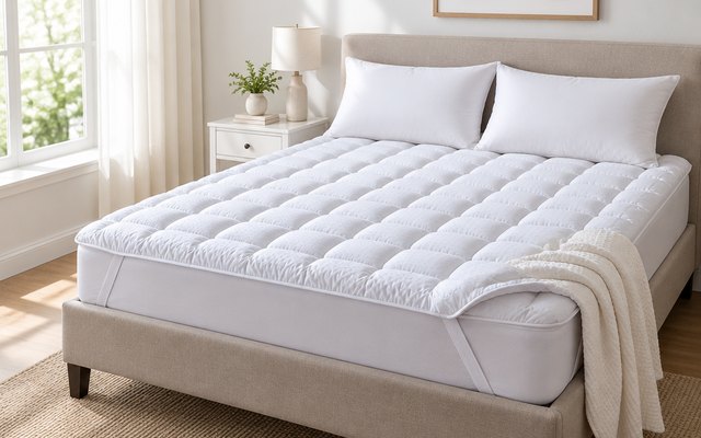 EASELAND pillow top mattress pad, fitted onto a queen mattress in a bright bedroom, the bedding pulled back at one corner, a white nightstand nearby