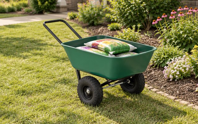 Garden Star garden barrow, beside a small flower bed in a front yard, holding a few bags of potting soil