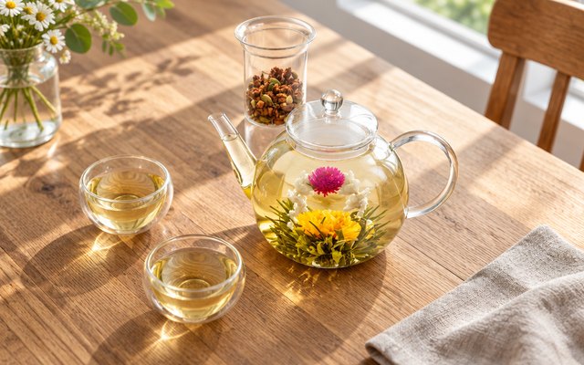 Teabloom Celebration glass teapot, with a flowering tea on a sunny dining table