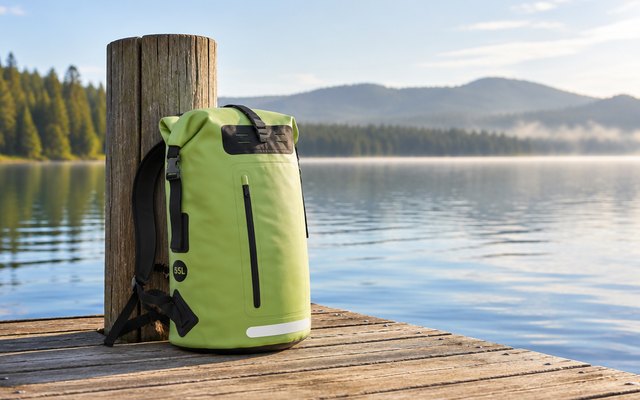 Earth Pak 55L waterproof backpack, leaning against a post on a wooden dock on a calm lake in the morning
