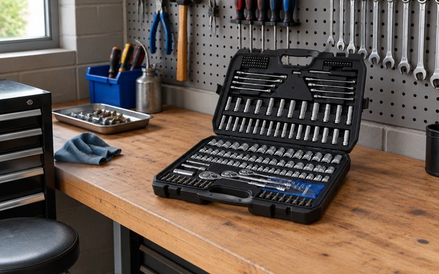 Amazon Basics socket set, on a workbench in a well-organised British garage with a pegboard wall