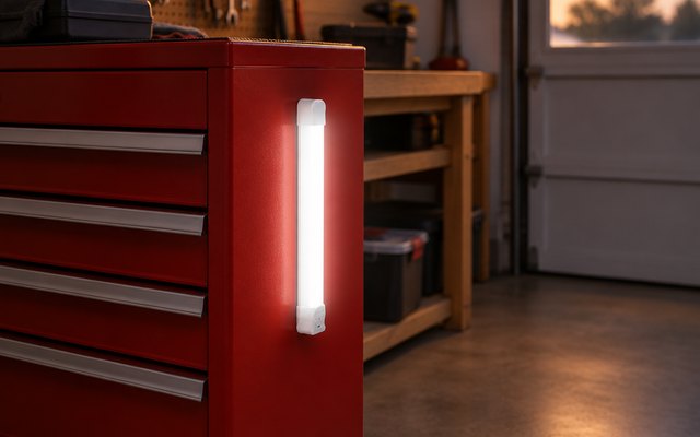 LETOUR LED tube light, stuck by its magnet to the side of a red metal tool chest in a home garage
