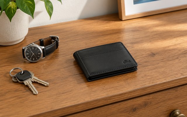 HIMI leather bifold wallet, lying closed on a wooden dresser beside a watch and keys