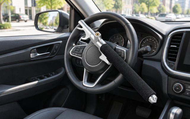 MONOJOY steering wheel lock, clamped onto the wheel rim of a parked SUV, seen from the passenger seat