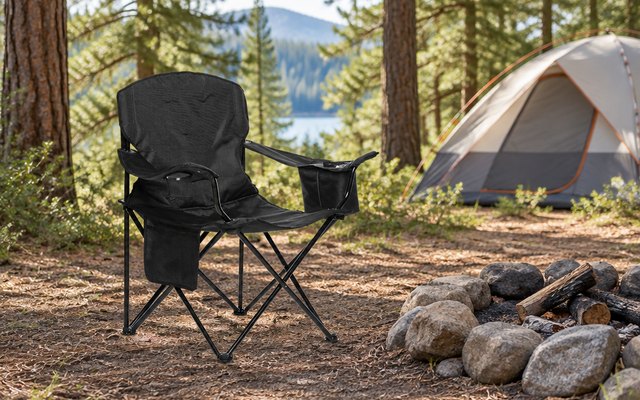 Amazon Basics padded camping chair, by a stone fire ring at a pine forest campground, a tent in the background