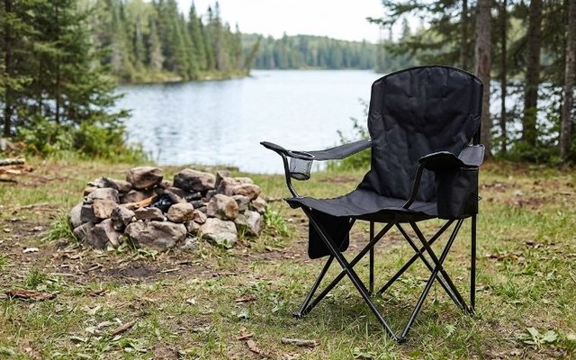 Black padded camping chair with a cooler pouch, open on the grass at a lakeside campsite beside a stone fire pit