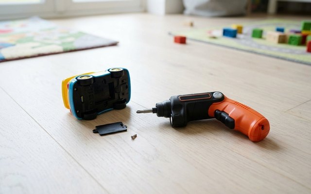 Orange-and-black cordless screwdriver on a playroom floor beside an upturned toy car with its battery cover off