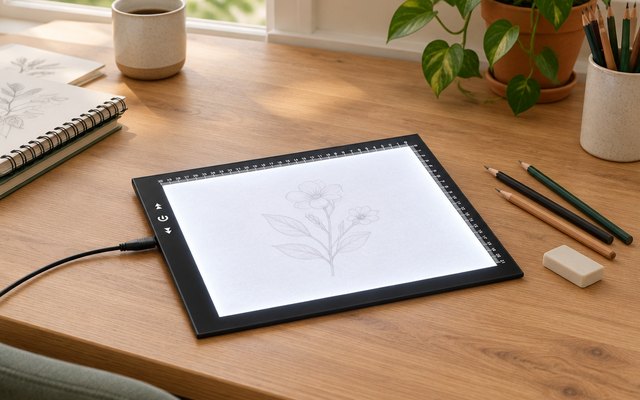 HSK A4 light pad, lit on a craft desk with a sheet of paper on it and pencils beside it
