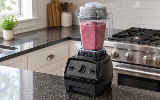 Vitamix Explorian E310 blender, on a dark granite counter in a modern American kitchen with a stainless gas range behind, the container full of a thick berry sm