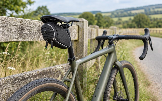 ROCKBROS saddle bag, strapped under the saddle of a gravel bike leaning on a wooden fence beside a country road