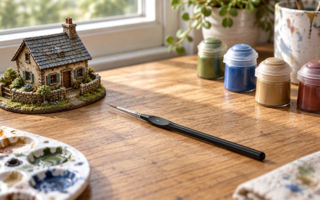 Golden Maple detail brush set, on a hobby desk under a window beside a small painted model cottage and tiny paint pots