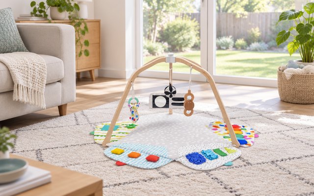 Lovevery Play Gym, on a rug in a bright family room with large windows onto a backyard