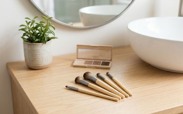 Five small bamboo-handled eye brushes laid out on a wooden bathroom counter beside the basin, in front of a round mirror