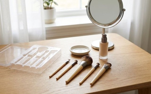 Five bamboo-handled makeup brushes laid out on an oak desk in front of a round makeup mirror, their clear tray case beside them