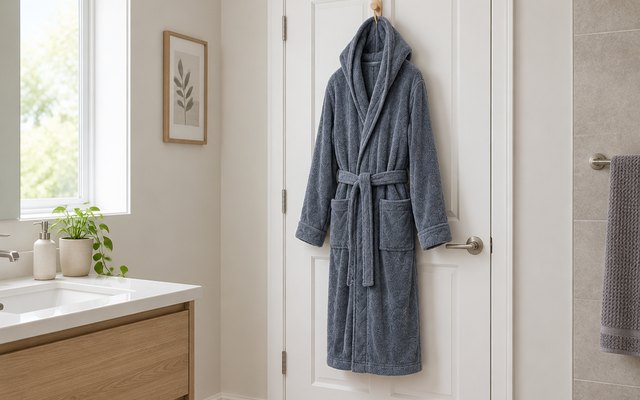 NY Threads hooded fleece bathrobe, hanging on a wooden hook on the back of a bathroom door