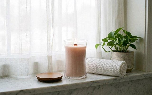 Lit tall hourglass candle of pale pink wax on a marble window ledge beside a rolled towel and a plant