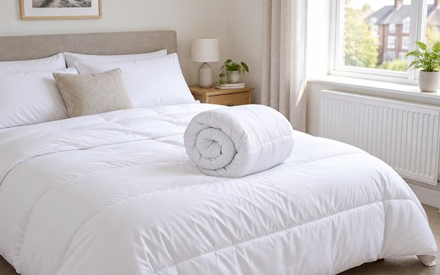 Duvet, spread over a double bed in a bright British bedroom with a radiator under the window