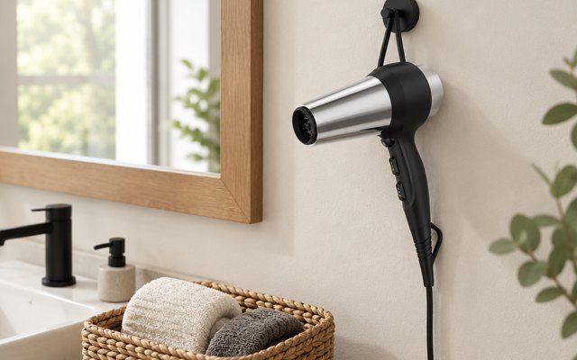 Hair dryer hanging on a hook beside a bathroom mirror