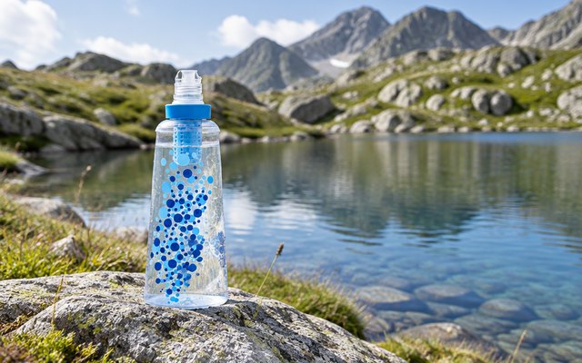 Katadyn BeFree water filter bottle, on a boulder beside a mountain tarn