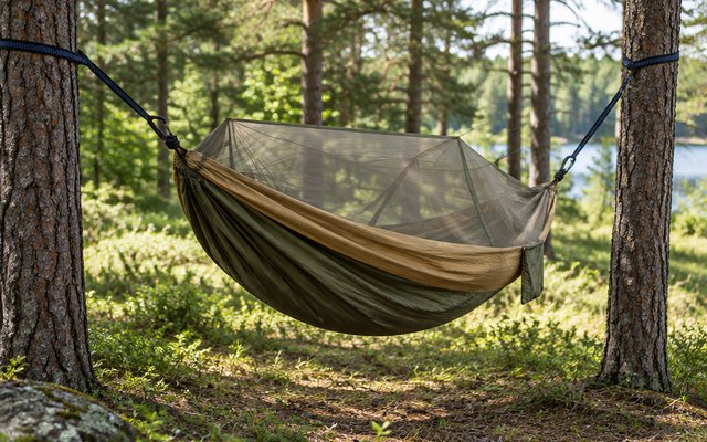 Sunyear hammock with mosquito net, hung between two pine trees in a shady summer woods clearing