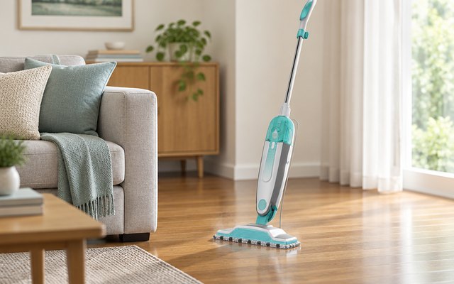 Shark steam mop, on a hardwood living room floor beside a sofa
