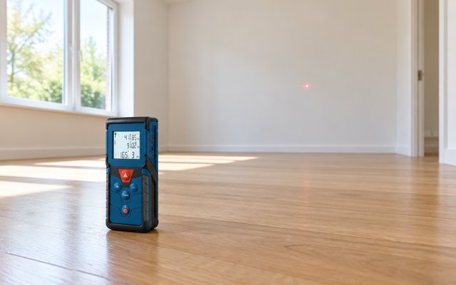 Bosch Blaze Pro GLM165-40, standing on the hardwood floor of an empty, bright living room, a small red laser dot on the far wall