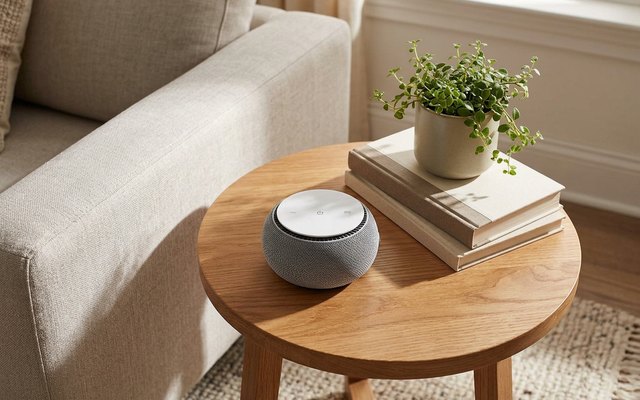 A round sound machine with grey knit sides and a white top on a round wooden side table beside a linen sofa, next to a stack of books and a potted plant