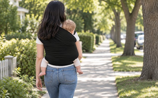 KeaBabies Original Baby Wrap Carrier, worn by a parent walking on a tree-lined suburban sidewalk, seen from behind at a little distance