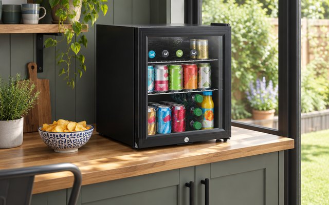 Subcold Super50 drinks fridge, on a garden-room worktop full of cans