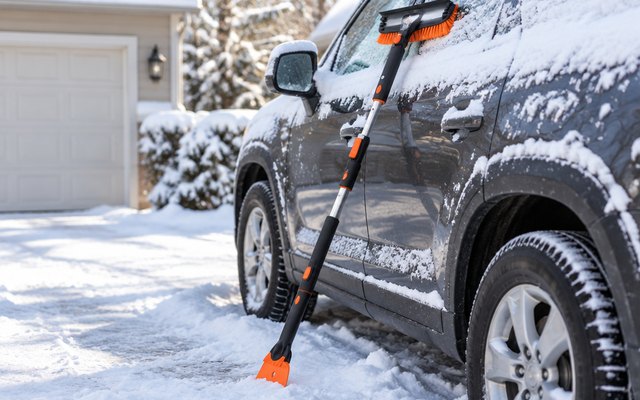 Extendable snow brush leaning against the snow-covered side of an SUV in a driveway