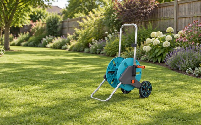 Gardena CleverRoll hose trolley, on a long lawn in a large garden with a fence and flowerbeds