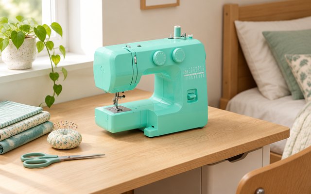 Janome Arctic Crystal sewing machine, on a small corner desk in a bedroom beside fabric scissors and a pincushion