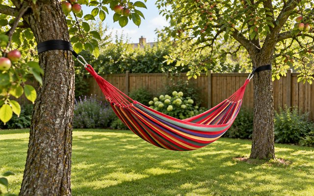 ANYOO cotton hammock, between two apple trees in a back garden