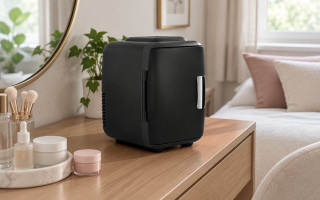 Cooluli mini fridge, on a bedroom vanity table beside a few skincare jars