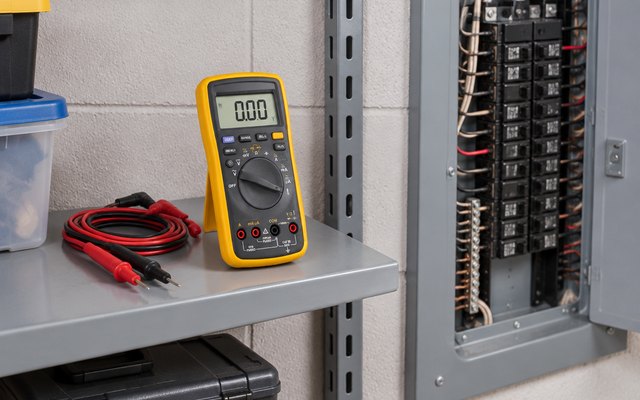 Fluke 17B+ multimeter, on a utility room shelf beside an open breaker panel