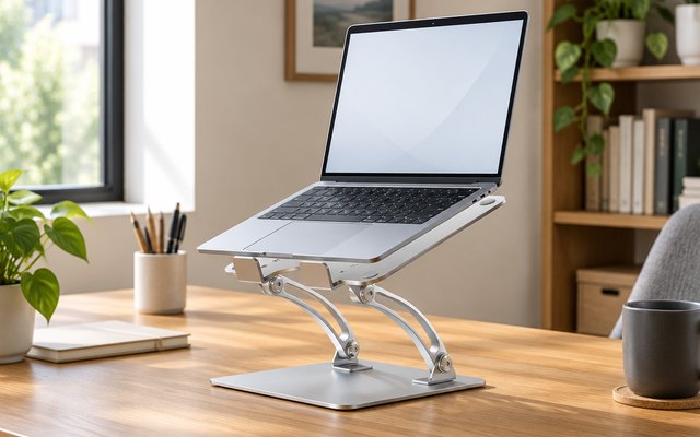 Nulaxy C1 Adjustable Laptop Stand, holding an open laptop with a plain light desktop screen on a wooden desk in a home office