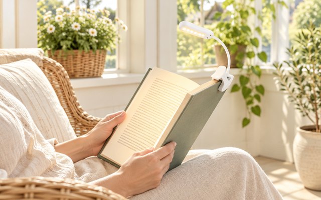 Vekkia book light clipped to a hardback, read in a wicker armchair in a sunny conservatory
