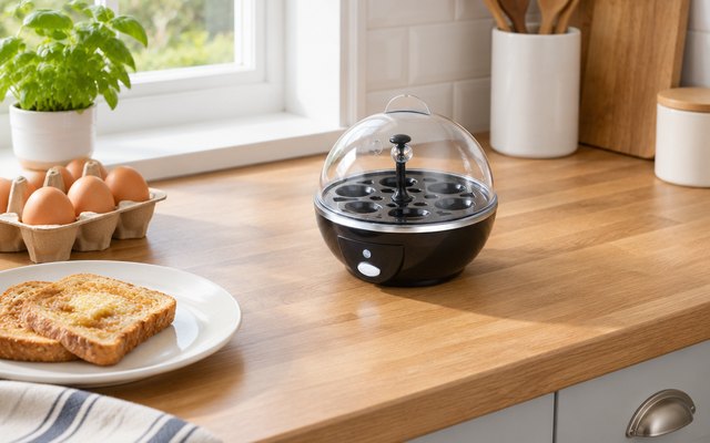 Salter egg cooker, on a worktop in a bright British kitchen beside a box of eggs and a plate of toast