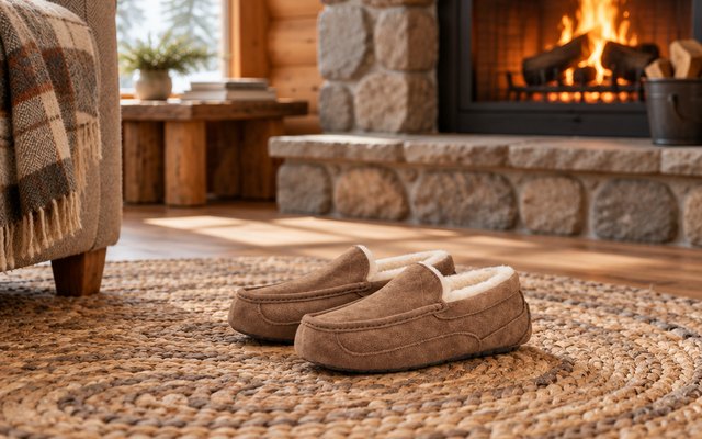 Brown suede loafer-style slippers on a braided rug by a fireplace in a cabin living room