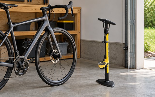 Topeak JoeBlow Sport III floor pump, standing upright on the concrete floor of a garage beside a road bike