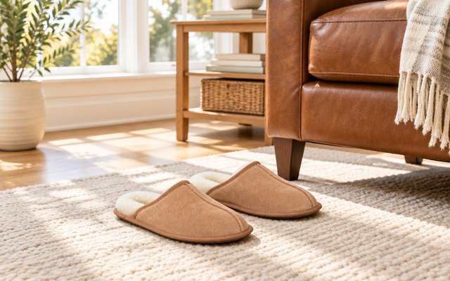 UGG Scuff slippers, a pair side by side on a rug beside a leather armchair in a sunny living room