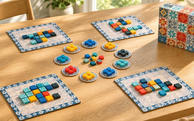 Azul board game, four players mid-game on a dining table