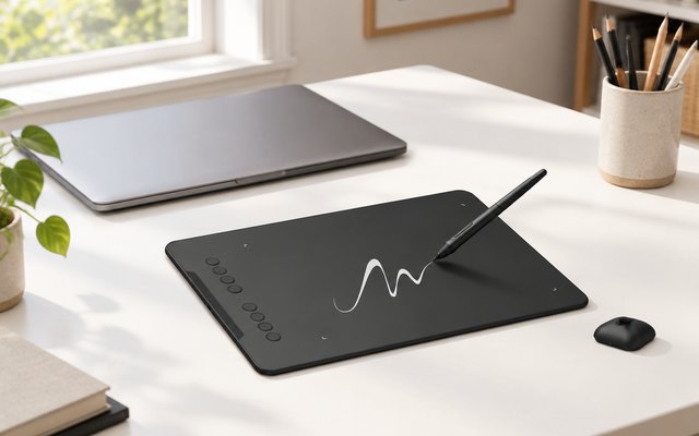 XPPen Deco 01 drawing tablet, on a white desk in a home studio beside a closed laptop and a cup of pencils