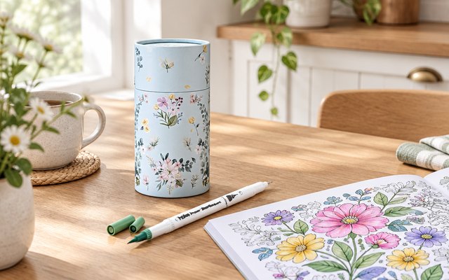 Ohuhu Maui brush pens, on a kitchen table beside a coloring book with a bright floral page