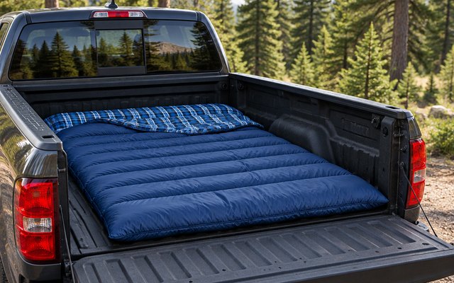 Agemore double sleeping bag, spread out in the bed of a pickup truck for truck camping, a forest behind