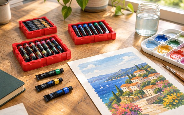 Gouache paint tubes from the set, a few of the tubes beside a palette and a gouache illustration on a drawing desk