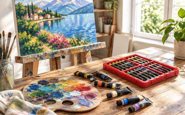 Acrylic paint tubes from the set, a handful of the tubes beside a palette of mixed paint below a canvas on an easel in a sunny home studio