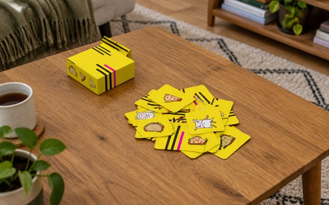 Taco Cat Goat Cheese Pizza, a pile of cards on a coffee table
