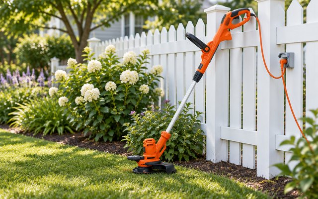 BLACK+DECKER corded string trimmer, leaning against a white picket fence, its cord plugged into an outdoor extension cord