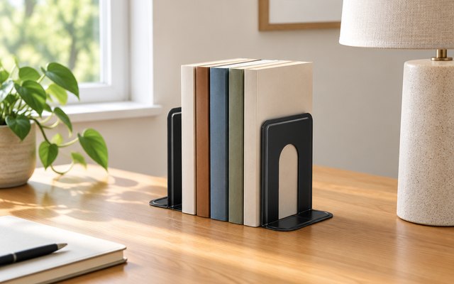 MaxGear plain bookends holding paperbacks on a desk